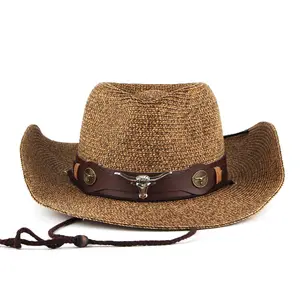 Offre Spéciale vente en gros Western European cowboy rétro style national parasol et crème solaire Lafite chapeau de paille femmes chapeau de paille