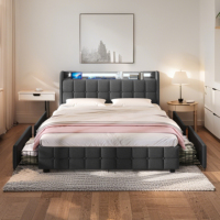 Lit plateforme en métal Queen/Full avec éclairage LED, station de charge USB Type-C, 4 tiroirs de rangement, en lin, montage facile, gris/beige
