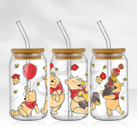 Autocollant en vinyle personnalisé pour gobelets en verre, autocollant Pooh Bear et ses amis, étiquette imperméable, transfert UV DTF pour envelopper les gobelets, 16 oz, haute qualité