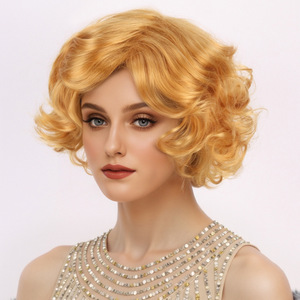Peluca Retro estilo <span class=keywords><strong>Marilyn</strong></span> <span class=keywords><strong>Monroe</strong></span>, rubia dorada esponjosa, rizos cortos, hecha a máquina, pelo sintético resistente al calor, completa - Product Image 3