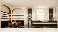 Comptoir de réception de spa et salon de luxe tendance, étagères murales sur mesure pour la décoration intérieure de magasin de beauté