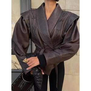 Chaqueta de Cuero Personalizada para Mujer 2026, Estilo Envolvente con Cinturón, Manga Larga, Piel de Vaca Marrón, Atuendo Otoñal - Product Image 3