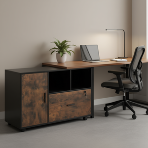 Meuble de classement mobile en bois brun rustique, 1 tiroir, 1 armoire, 2 compartiments, verrouillable, pour bureau, rangement, mobilier commercial - Product Image 2