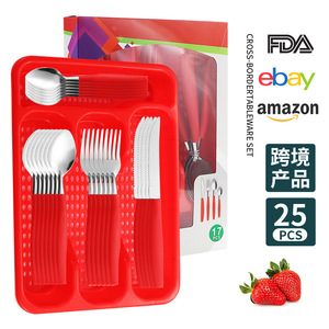Plastic Handle Cutlery Set 25Pcs Portable Kit Eco-Friendly Storage Gift Box <b>Dinnerware</b> - Product Image 4