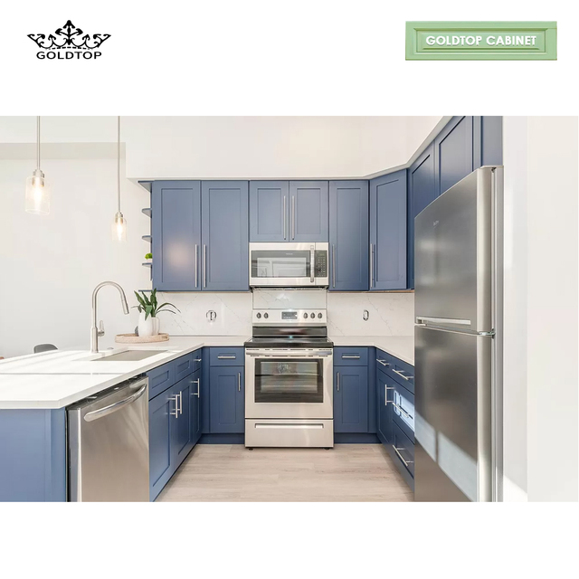 Goldtop Frame Construction 1/2" Plywood with UV Finish and 3/4" Birch Solid Wood Blue Kitchen Cabinets in Shaker Door Style