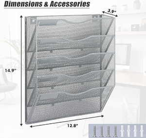 Hanging Wall File Organizer 5 Pocket Mesh Mail Organizer Wall Mounted with Nametag Label Wall File <b>Holder</b> for Office School Grey - Product Image 2