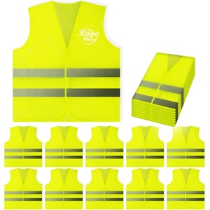 Gilets de sécurité, lot de 10, été, polyester, jaune, réfléchissant, haute visibilité, LED, bande argentée, pour hommes et femmes, travail, cyclisme, géomètre - Product Image 1