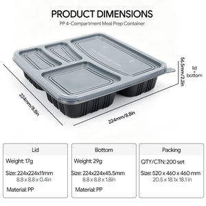 Conteneur alimentaire jetable en plastique PP à 4 compartiments, emballé sous blister, avec couvercle, sans BPA, compatible micro-ondes, pour vente en gros - Product Image 2