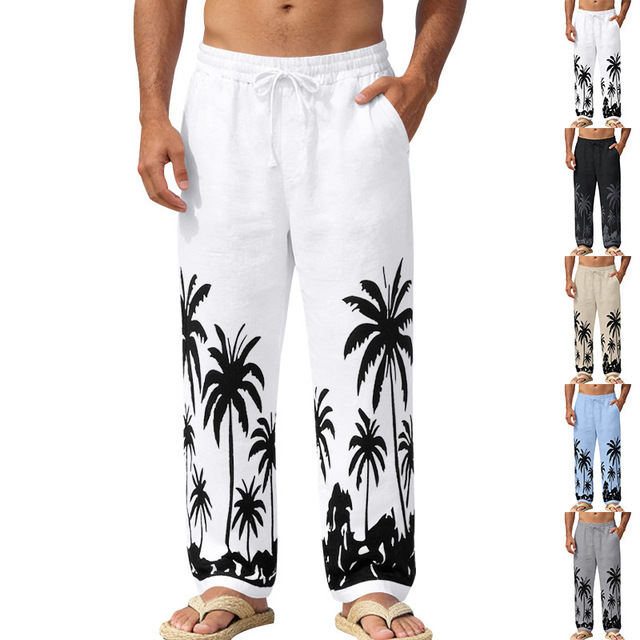 All-Season Men's Loose Fit Hawaiian Print Linen Pants, Straight-Leg Casual Vacation Beach Trousers, Source Factory Direct