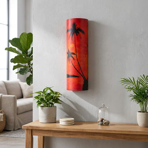 Arte Mural Contemporáneo de Palmeras al Atardecer, Pintado a Mano sobre Madera de Bambú, 45x30cm, Negro/Rojo, Venta al Por Mayor - Product Image 3