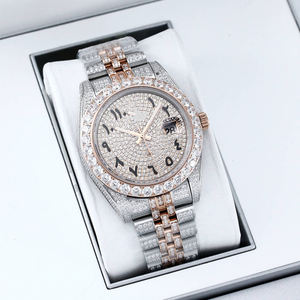 Montre mécanique bicolore 40 mm en acier inoxydable, entièrement sertie de zircons, style hip-hop, verre saphir, mouvement ETA, personnalisable - Product Image 6