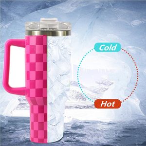BSBH 40 OZ a scacchi modello Racing <span class=keywords><strong>Tumbler</strong></span> con manico e paglia, in acciaio inox sottovuoto isolato borraccia con coperchio
