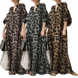 Nouvelle <span class=keywords><strong>robe</strong></span> longue TKS pour femme, imprimé léopard, manches bouffantes, col en V, avec poches, style musulman, en mousseline ample - Product Image 1