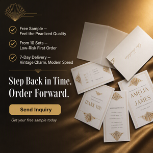Suite d'invitations de mariage Art Déco en carton nacré avec impression dorée, monogramme personnalisé, <span class=keywords><strong>film</strong></span> offset imprimé sur vélin, RSVP et cartes de remerciement laminées - Product Image 6