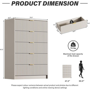 Commode moderne à 5 tiroirs à glissières lisses poignées dorées larges tiroirs de coffre pour chambre salon bois Materia - Product Image 4
