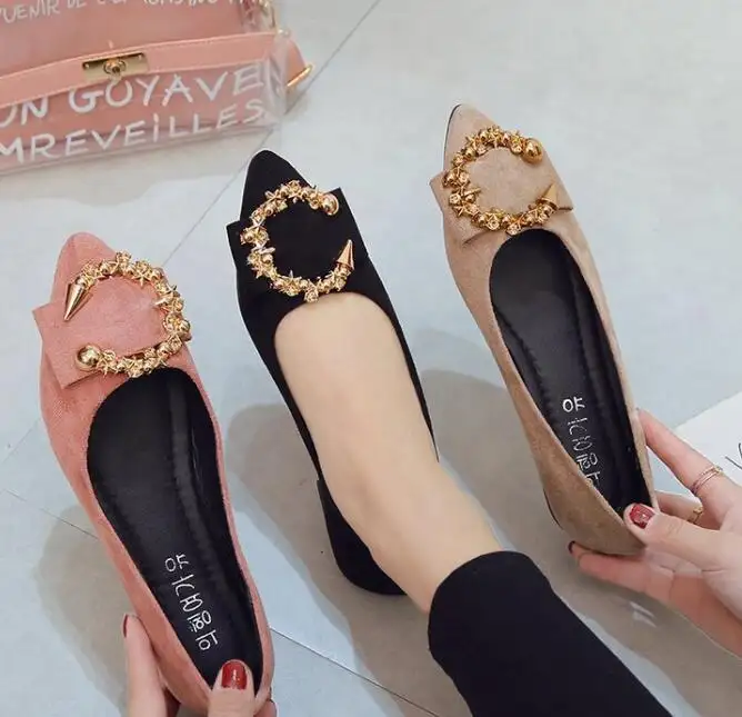 Popular New Fashion Pointed toe ladies flat shoes women Beautiful Metal Buckle female shoes