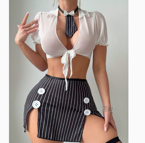 Ensemble de lingerie sexy 4 pièces, style uniforme érotique, nuisette, jupe courte, motif écossais, fente, avec bas – Nouvelle collection européenne et américaine, vente chaude - Product Image 6