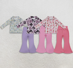 Ensemble polo à demi-zip et pantalon évasé pour petites filles, imprimé fantôme de Pâques, manches longues, tenue décontractée pour enfants - Product Image 1