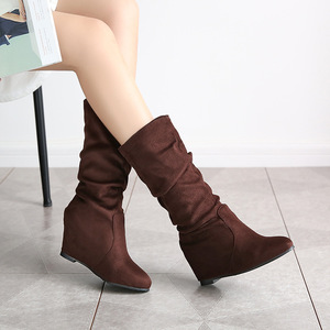 Botas de gamuza hasta la rodilla para mujer, punta redonda, tacón de cuña, sin cordones, cómodas, a la moda, envío directo - Product Image 3
