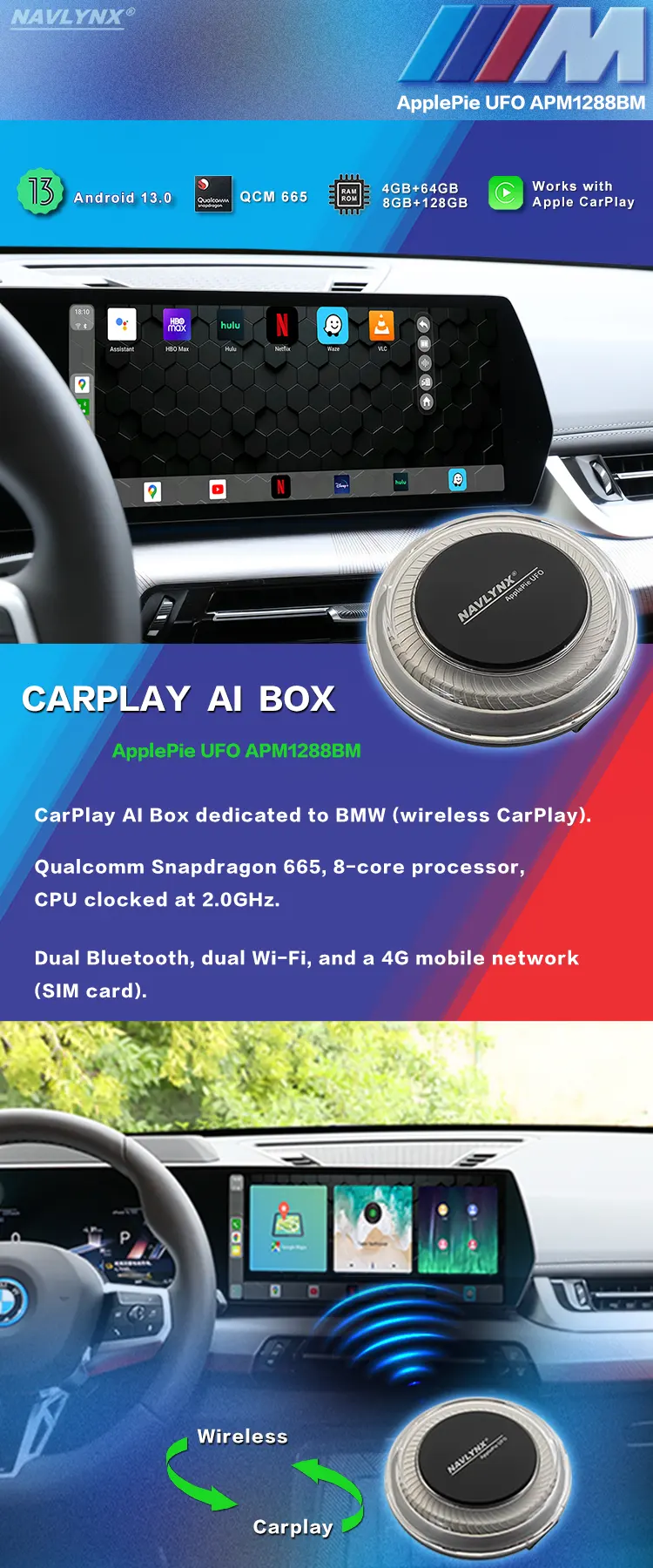 Navlynx ApplePie CarPlay AI Box sem fio para BMW Dual Wi-Fi Bluetooth 4G GPS Qualcomm Snapdragon 665 8GB + 128GB Youtube Netflix