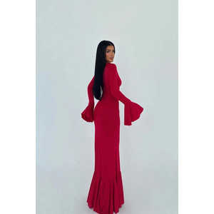 Robe de soirée rouge brodée à manches longues, style droit simple, col montant, taille empire, tailles XS-XL, pour banquets et invités de mariage - Product Image 1