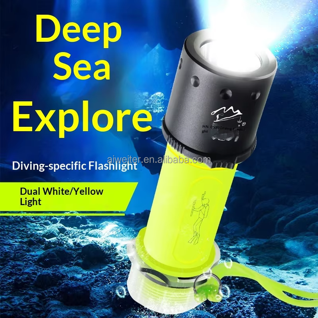 Outdoor Diving Plastic Flashlight IP68 Waterproof Deep Sea Operation Diving Flashlight With Wrist Strap