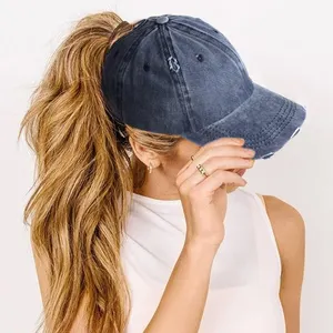 Women Twill Washed Distressed Retro Hat Adjustable Baseball Cap Golf Hat Dad Hat With Ponytail Hole