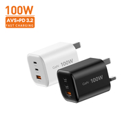 Chargeur rapide 100W 2 ports USB-C et USB-A PPS QC 3.0 PD 3.0 avec certifications KC CB PSE pour tablette, universel pour voyage, mini portable