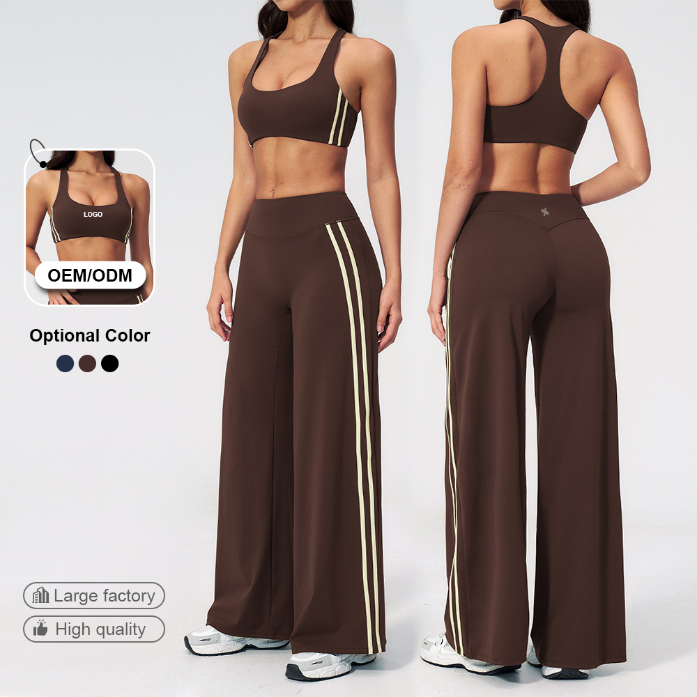 Custom Side Double Stripe Wide Leg Yoga Pants Set High Waisted Tummy Control Scoop Neck Sports Bra Two Piece Gym Activewear