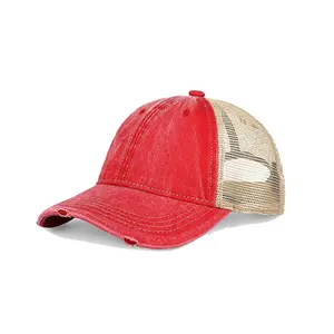 Özel nakış logosu boş örgü spor yıkanmış şoför şapkası yapılandırılmamış sıkıntılı pigment boyalı kap ayarlanabilir açık şapkalar