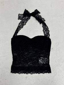 Top Halter Sensual y Transpirable con Estampado Digital, Tejido de Punto de Spandex/Poliéster, Corto, con Detalle de Volantes de Encaje, Color Sólido - Product Image 2