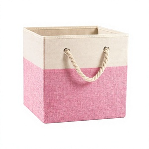 Foldable Cube Storage <b>Bins</b> 11x11 Inch [1-Pack] Fabric Linen Cotton Handles Organizer Pink Nursery <b>Bedroom</b> & Closet - Product Image 1