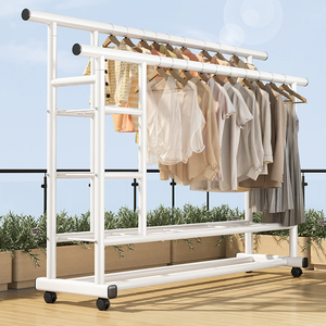 Porte-vêtements multifonctionnel en métal à double tringle, étagères de rangement épaisses, séchoir vertical sur pied pour balcon - Product Image 3