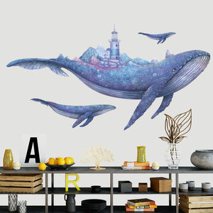 Autocollants muraux de <span class=keywords><strong>baleine</strong></span> bleue de dessin animé, papier peint de poissons des grands fonds, autocollant de <span class=keywords><strong>phare</strong></span>, décoration de la maison pour le salon, la chambre à coucher, autocollant mural - Product Image 5