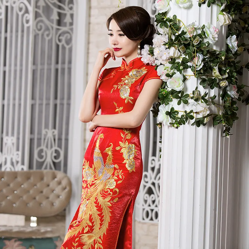 İlkbahar ve sonbahar Vintage Cheongsam uzun şam gelin elbise büyük Phoenix işlemeli geleneksel çin kadın uzun elbiseler