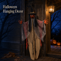 SIPKLR Décoration d'Halloween suspendue de 47 pouces, citrouille, sorcière, fantôme effrayant animé avec yeux LED lumineux pour décoration extérieure
