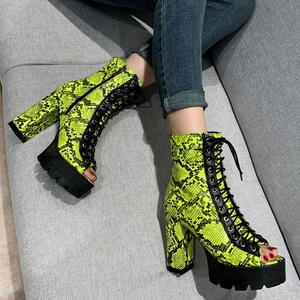 High Chunky Heel Lace up Women Ankle <b>Boots</b> Med <b>Platform</b> Women Shoes Breathable Snakeskin Print Side Zip Peep Toe Short Booties - Product Image 4