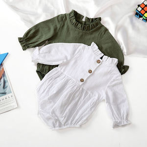 Newborns Solid Color New Long-Sleeved Cotton and Linen <strong>Lace</strong> Neckline Romper for Summer - Product Image 2