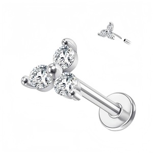 Boucles d'oreilles clous en forme de fleur avec trois pierres de zircon, en acier inoxydable plaqué or, bijoux de piercing pour les soirées - Product Image 3