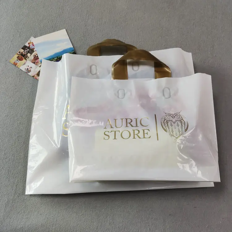 Bolsa de compras de PE con impresión personalizada, embalaje con logotipo, de plástico, con asa de lazo suave