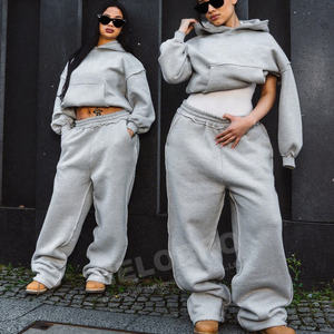 Özel Boxy Fit çift katmanlı gri Stacked yığılmış Baggy boy fransız Terry pamuk eşofman <span class=keywords><strong>Sweatpants</strong></span> ve Hoodie erkekler için Set - Product Image 5