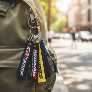 Llavero colgante de poliéster bordado ecológico con cinta de tela de rendimiento JDM para coche, material metálico, disponible en stock. - Product Image 1
