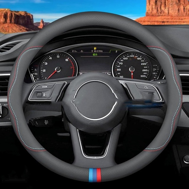 New Trend Napa Leather Universal 4-Spoke Sporty Steering Wheel Cover 15 Inches (37-38 Cm) Black Anti-Slip Breathable