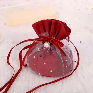 Pochette en velours rouge super doux de luxe emballage cosmétique cadeau personnalisé sac à poussière en velours rouge de Noël avec cordon de serrage pour bijoux