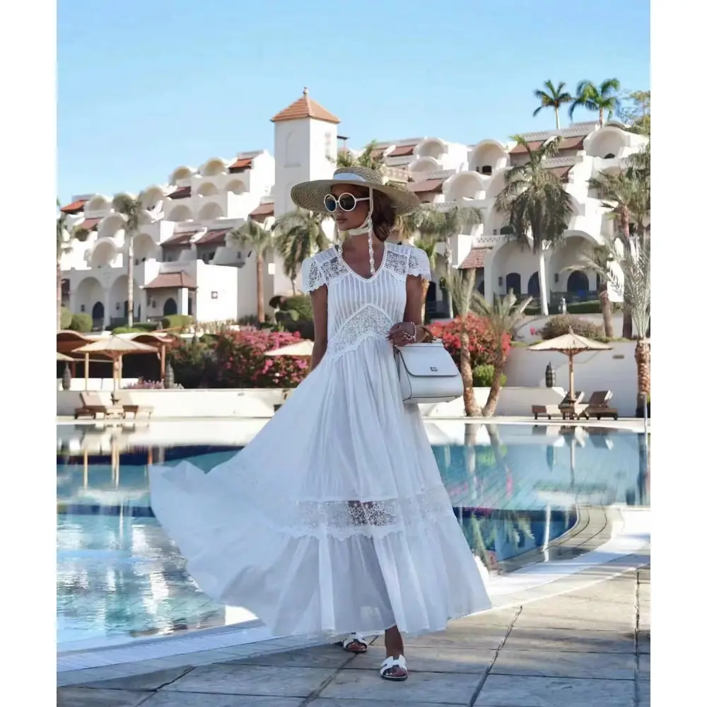 Summer Ladies V-neck Floral Long Dress White Lace Wedding Dress Short Sleeve Bridesmaid Evening Party Maxi Dress