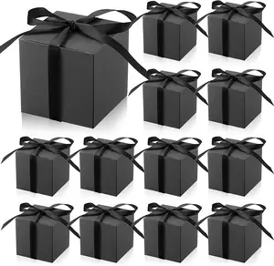 صناديق هدايا صغيرة سوداء 3x3x3 بوصة صناديق هدايا لحفلات الزفاف صناديق حلوى بشرائط لحفلات أعياد الميلاد للعرائس