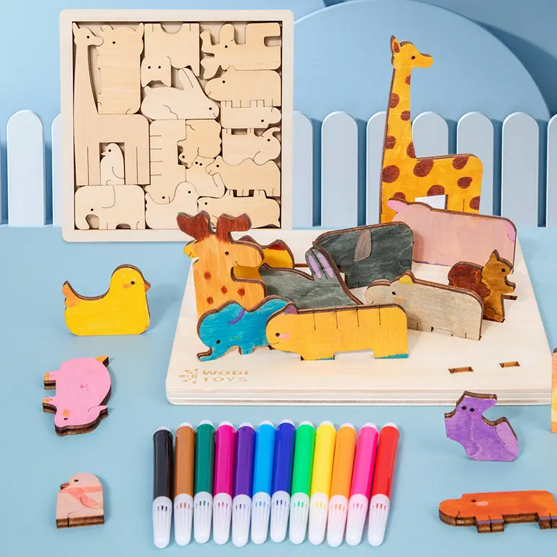 लकड़ी के DIY 3डी बच्चों की प्रारंभिक शिक्षा बहु-कार्यात्मक पशु पहेली भित्तिचित्र पेंटिंग खिलौना हाथ से तैयार बिल्डिंग ब्लॉक