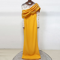 Robe de soirée en crêpe jaune moutarde, manches transparentes perlées, col montant, drapé asymétrique, coupe colonne, robe longue de soirée de luxe arabe