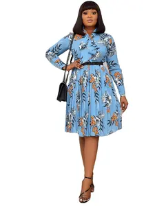 Fashion women's print long sleeves autumn and winter large size dress temperament pleated skirt women