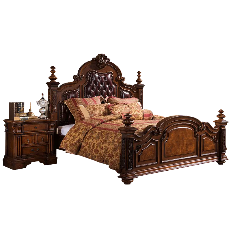 Cama de cuero de estilo clásico Americano para dormitorio, cama de boda de lujo Europea Retro de madera sólida tallada, cama doble B501